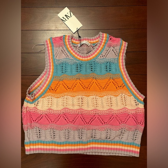Zara Tops - Zara knit crochet rainbow sleeveless sweater vest